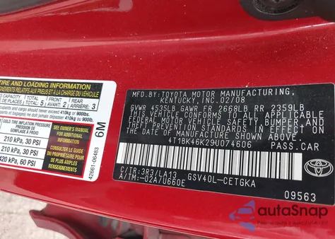 2009 Toyota Camry Xle V6 z USA, uszkodzony, nr VIN 4T1BK46K29U074606